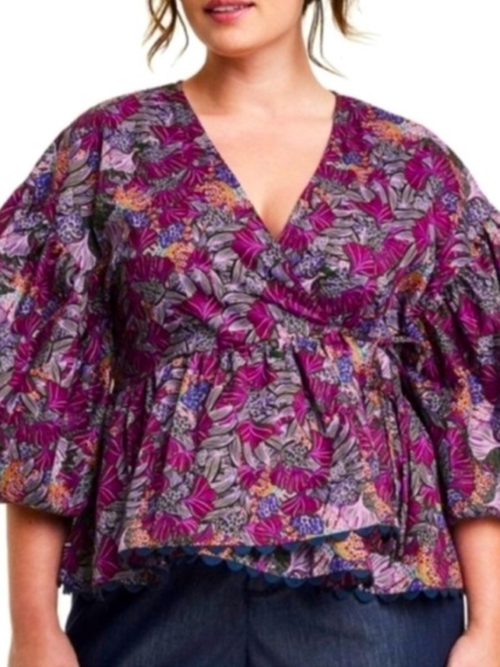 Kika Vargas x Target Purple Floral Puff-Sleeve Wrap Top 100% cotton breathable